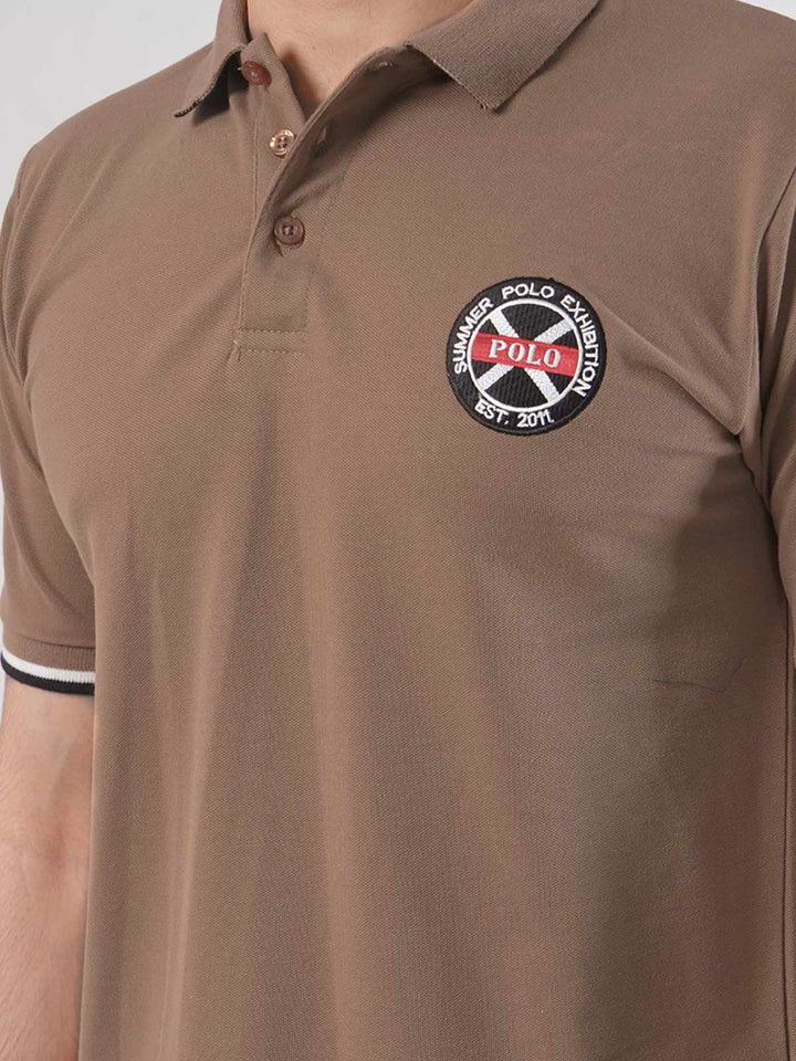 Light Brown Plain Twin Contrast Lycra Elastane Half Sleeves Polo T-Shirt (POLO-444)