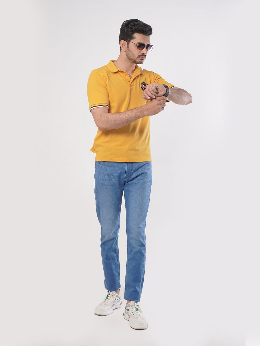 Yellow Plain Twin Contrast Lycra Elastane Half Sleeves Polo T-Shirt (POLO-445)