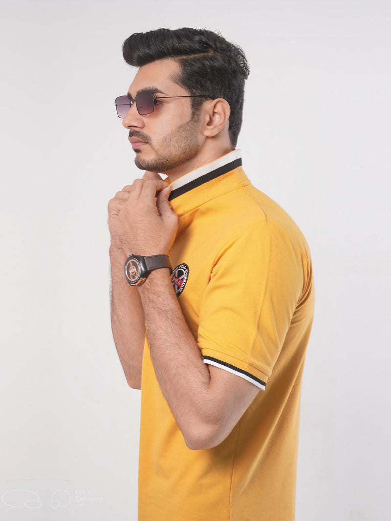 Yellow Plain Twin Contrast Lycra Elastane Half Sleeves Polo T-Shirt (POLO-445)
