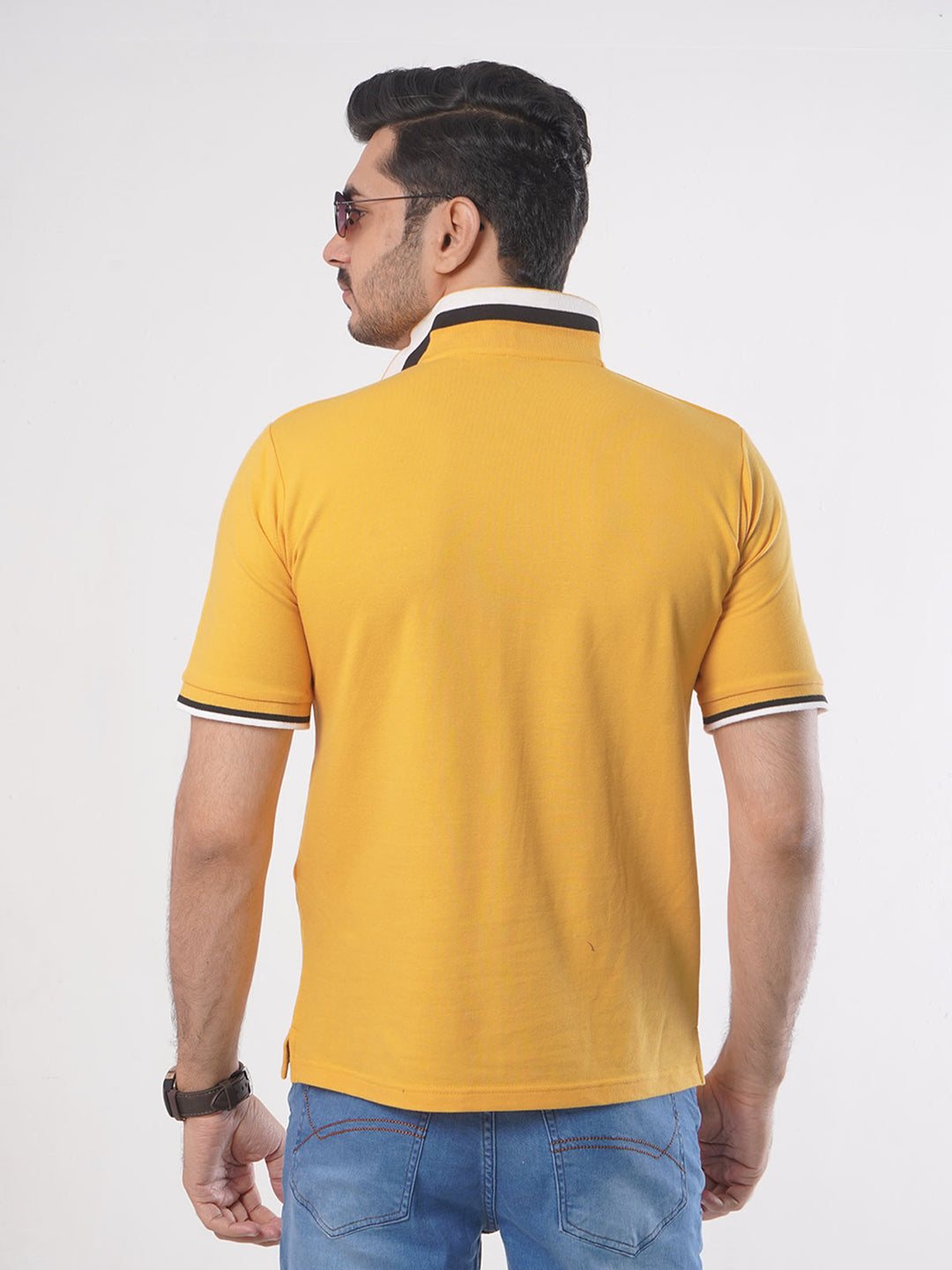 Yellow Plain Twin Contrast Lycra Elastane Half Sleeves Polo T-Shirt (POLO-445)