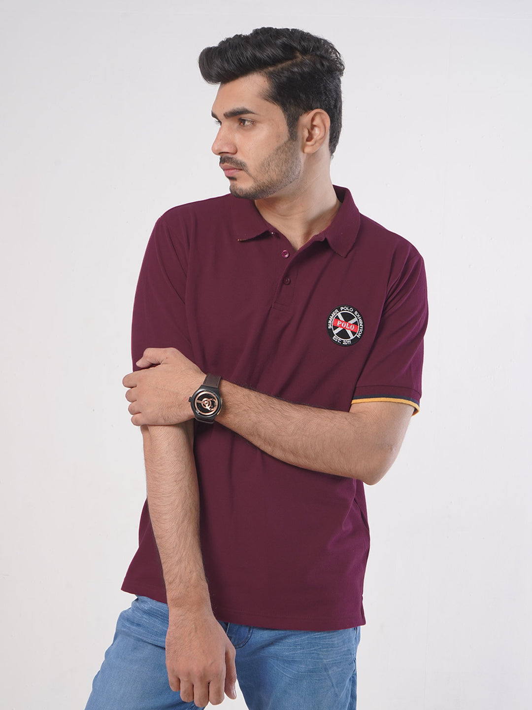 Maroon Plain Twin Contrast Lycra Elastane Half Sleeves Polo T-Shirt (POLO-446)