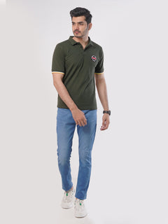 Green Plain Twin Contrast Lycra Elastane Half Sleeves Polo T-Shirt (POLO-447)