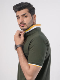 Green Plain Twin Contrast Lycra Elastane Half Sleeves Polo T-Shirt (POLO-447)