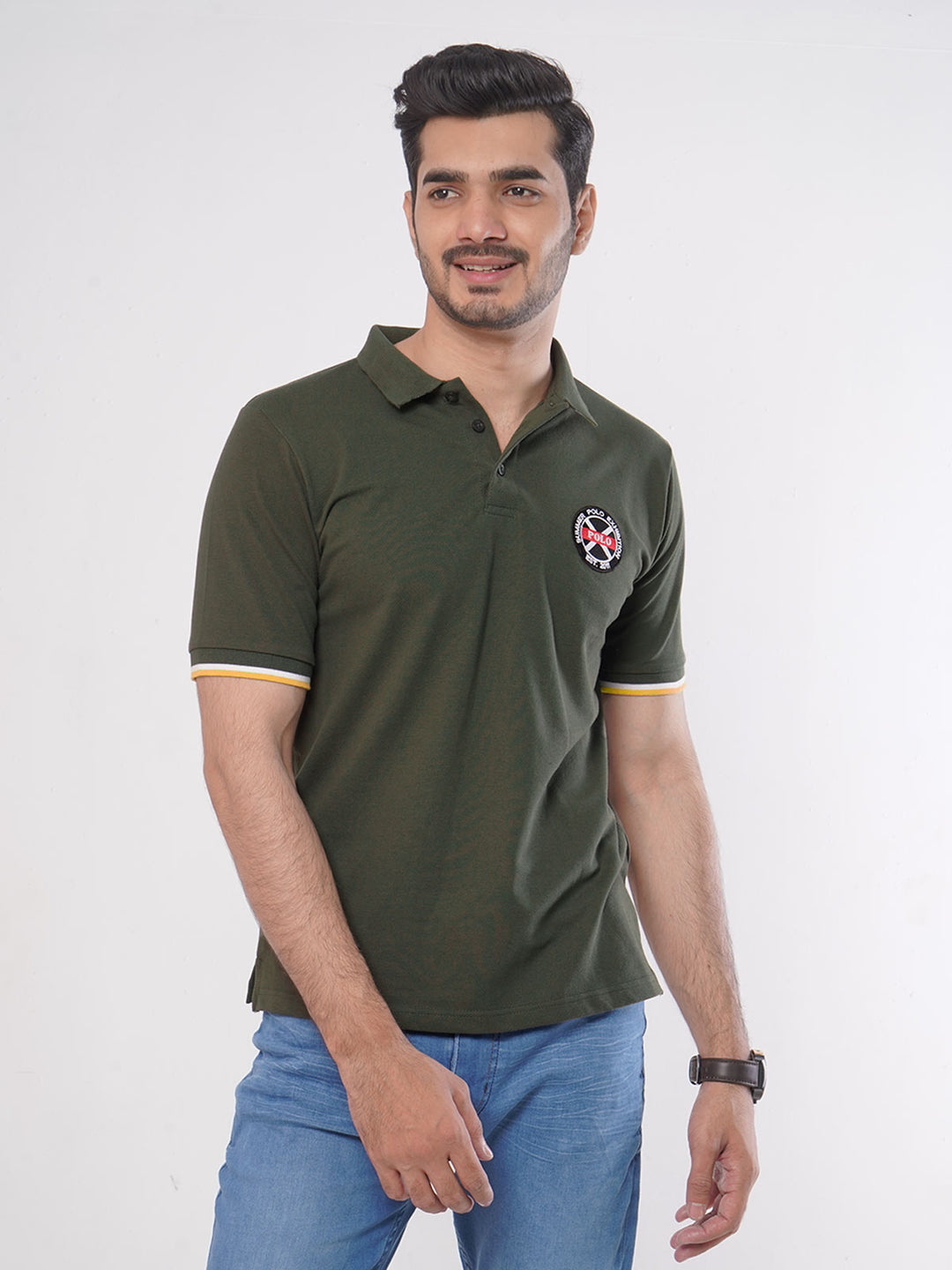 Green Plain Twin Contrast Lycra Elastane Half Sleeves Polo T-Shirt (POLO-447)