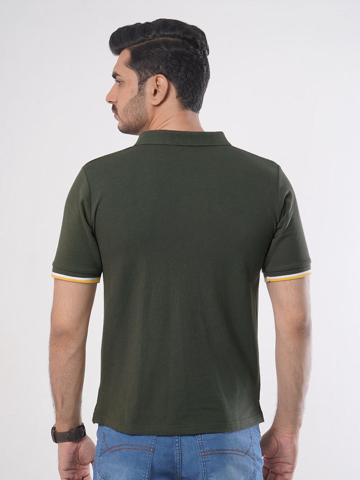 Green Plain Twin Contrast Lycra Elastane Half Sleeves Polo T-Shirt (POLO-447)