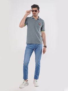 Light Grey Plain Twin Contrast Lycra Elastane Half Sleeves Polo T-Shirt (POLO-449)