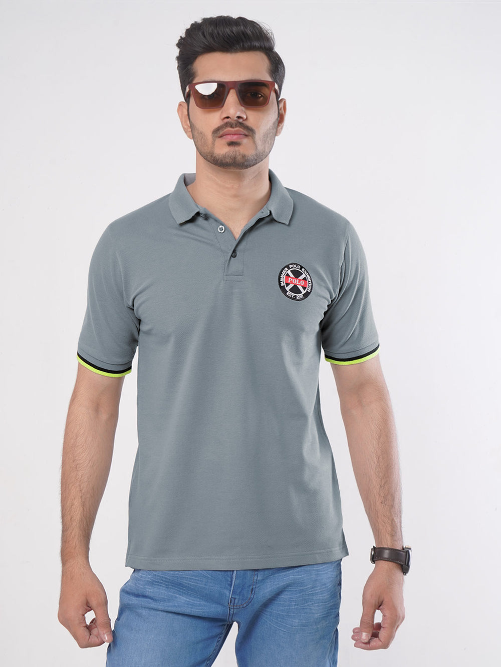 Light Grey Plain Twin Contrast Lycra Elastane Half Sleeves Polo T-Shirt (POLO-449)