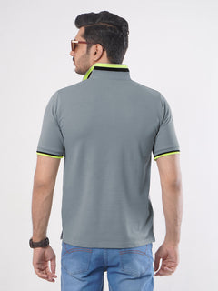 Light Grey Plain Twin Contrast Lycra Elastane Half Sleeves Polo T-Shirt (POLO-449)