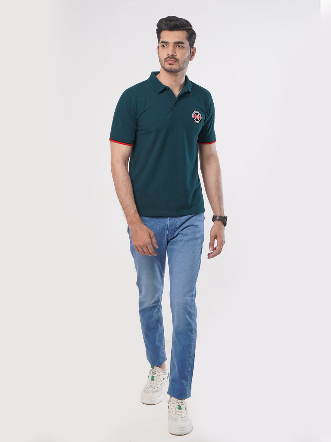 Dark Green Plain Twin Contrast Lycra Elastane Half Sleeves Polo T-Shirt (POLO-450)