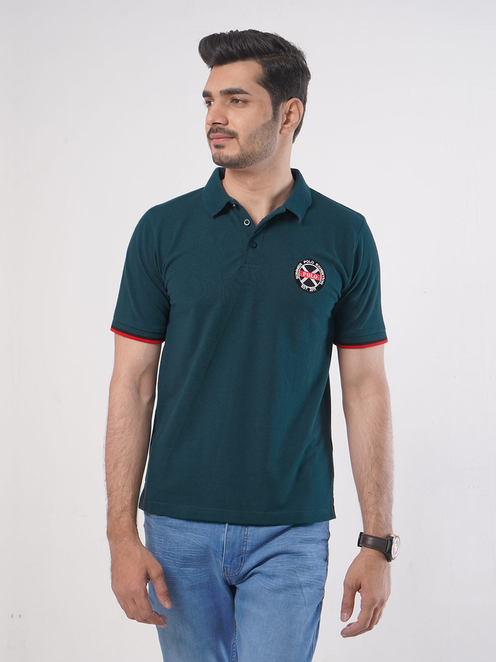 Dark Green Plain Twin Contrast Lycra Elastane Half Sleeves Polo T-Shirt (POLO-450)