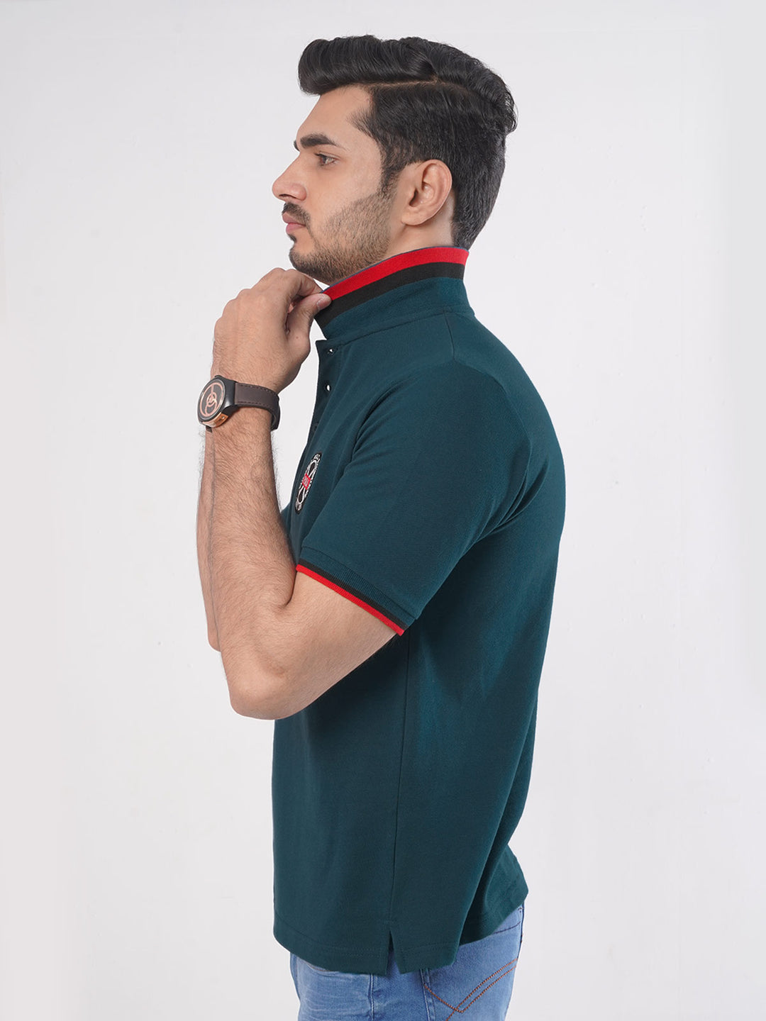 Dark Green Plain Twin Contrast Lycra Elastane Half Sleeves Polo T-Shirt (POLO-450)