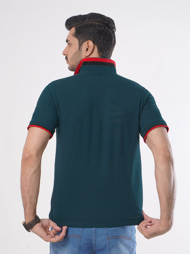 Dark Green Plain Twin Contrast Lycra Elastane Half Sleeves Polo T-Shirt (POLO-450)