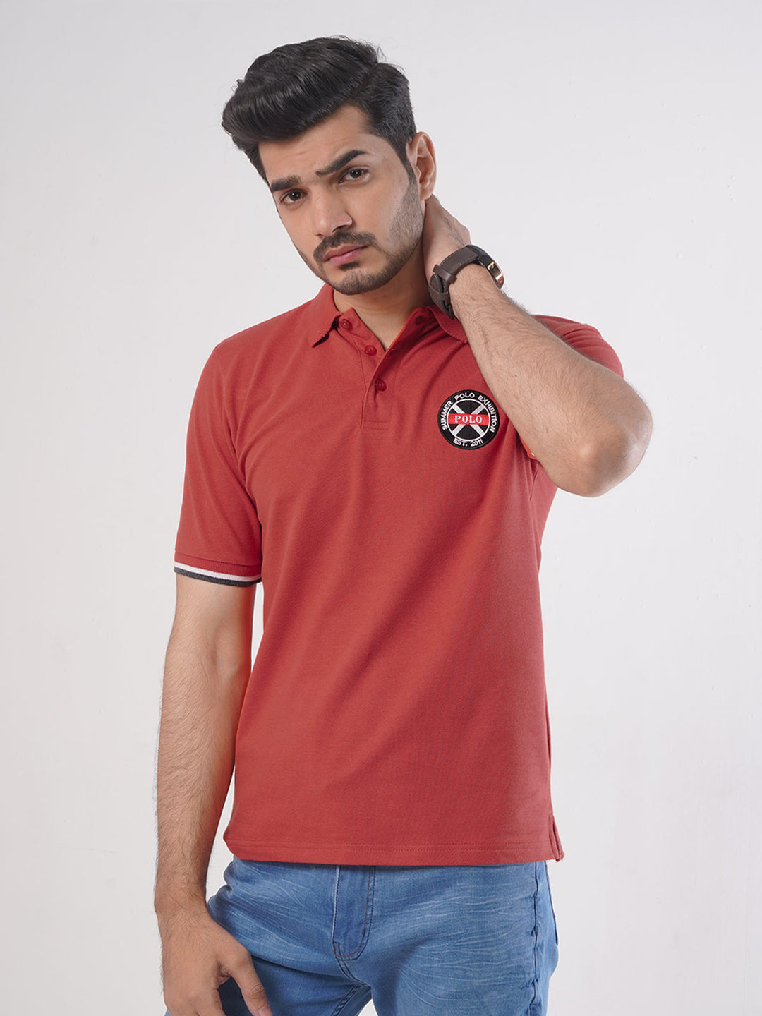 Rust Plain Twin Contrast Lycra Elastane Half Sleeves Polo T-Shirt (POLO-451)