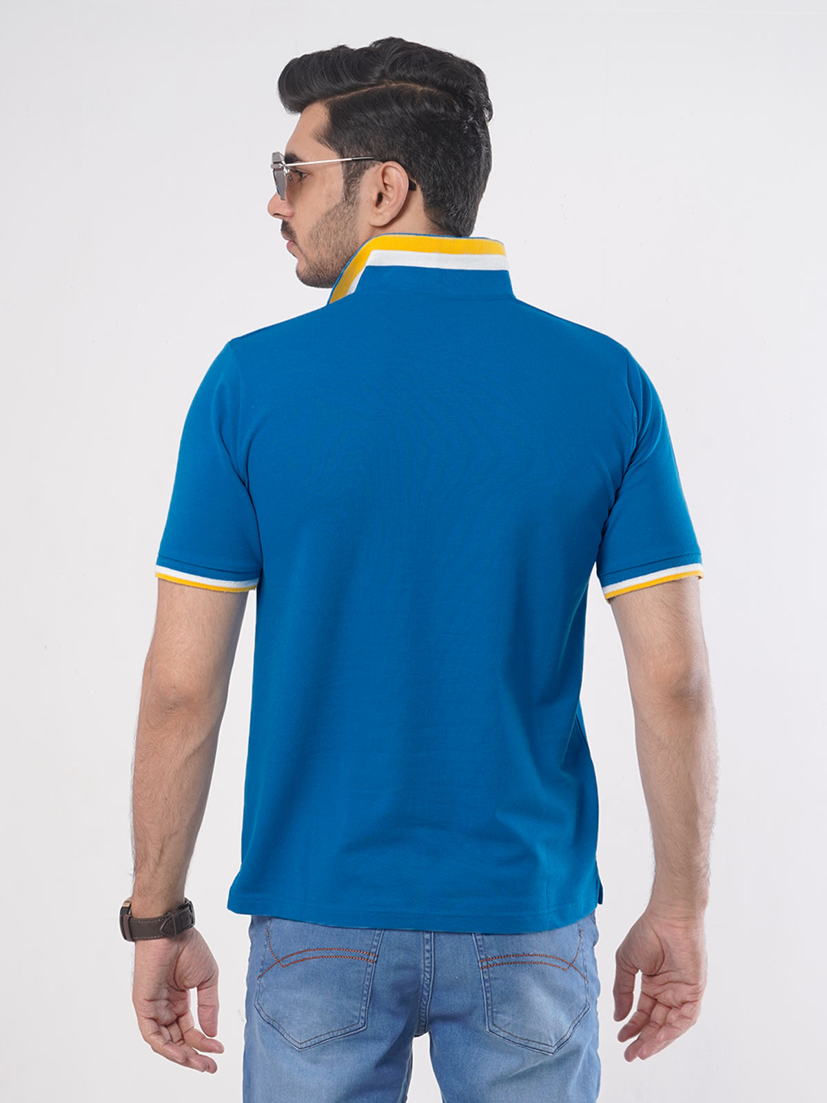 Royal Blue Plain Twin Contrast Lycra Elastane Half Sleeves Polo T-Shirt (POLO-452)