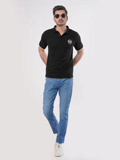 Black Plain Twin Contrast Lycra Elastane Half Sleeves Polo T-Shirt (POLO-453)