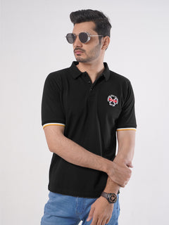 Black Plain Twin Contrast Lycra Elastane Half Sleeves Polo T-Shirt (POLO-453)