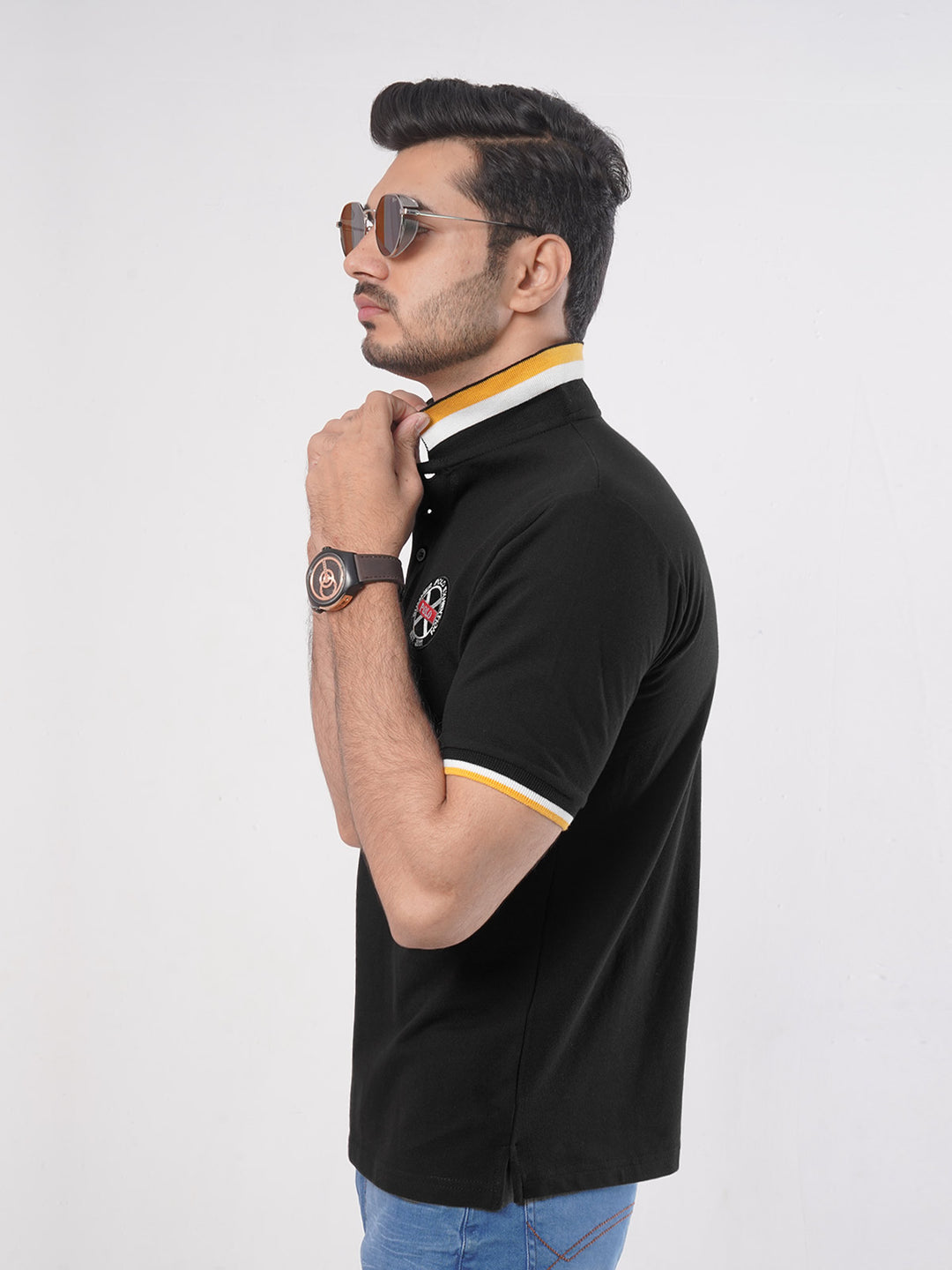 Black Plain Twin Contrast Lycra Elastane Half Sleeves Polo T-Shirt (POLO-453)