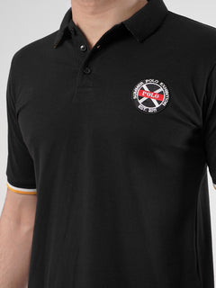 Black Plain Twin Contrast Lycra Elastane Half Sleeves Polo T-Shirt (POLO-453)