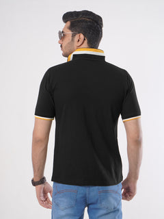 Black Plain Twin Contrast Lycra Elastane Half Sleeves Polo T-Shirt (POLO-453)