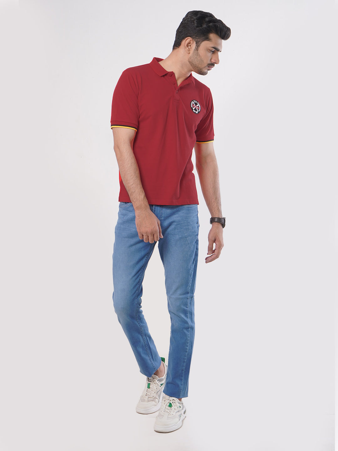 Red Plain Twin Contrast Lycra Elastane Half Sleeves Polo T-Shirt (POLO-455)