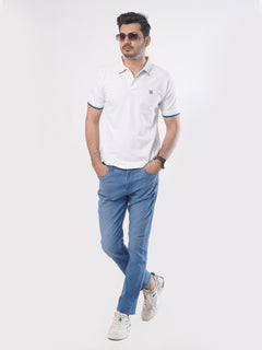 White Plain Twin Contrast Lycra Elastane Half Sleeves Polo T-Shirt (POLO-456)