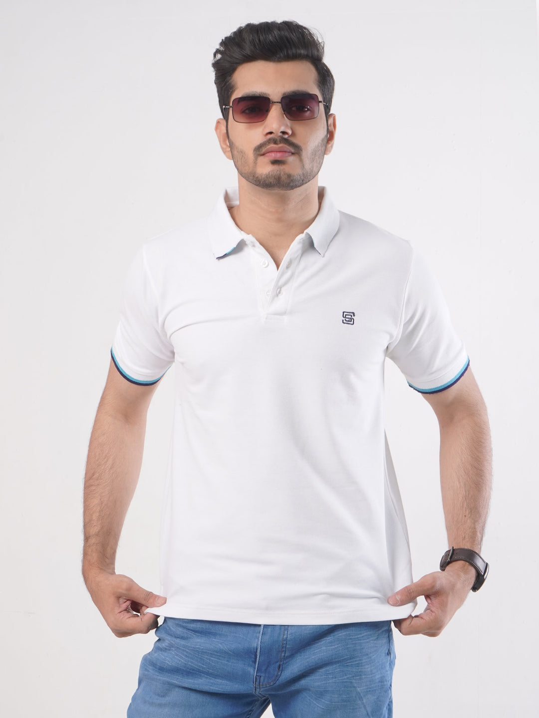 White Plain Twin Contrast Lycra Elastane Half Sleeves Polo T-Shirt (POLO-456)