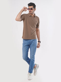 Light Brown Plain Twin Contrast Lycra Elastane Half Sleeves Polo T-Shirt (POLO-458)