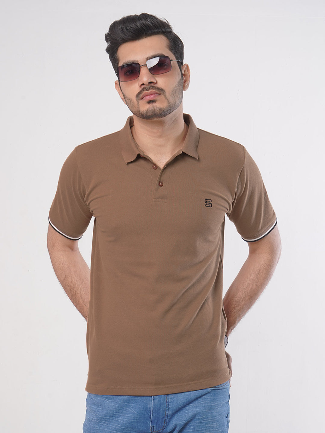 Light Brown Plain Twin Contrast Lycra Elastane Half Sleeves Polo T-Shirt (POLO-458)