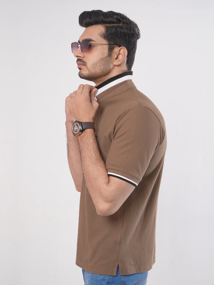 Light Brown Plain Twin Contrast Lycra Elastane Half Sleeves Polo T-Shirt (POLO-458)