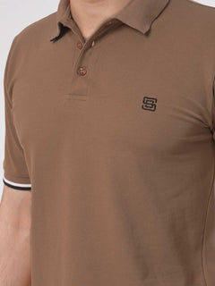 Light Brown Plain Twin Contrast Lycra Elastane Half Sleeves Polo T-Shirt (POLO-458)
