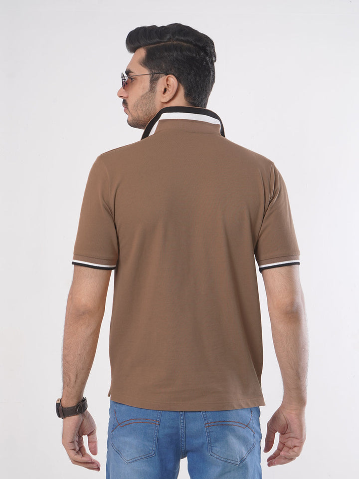 Light Brown Plain Twin Contrast Lycra Elastane Half Sleeves Polo T-Shirt (POLO-458)