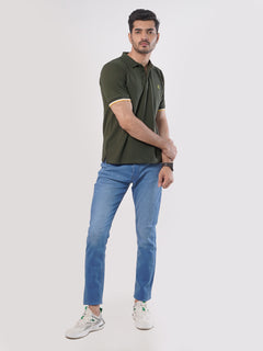 Olive Green Plain Twin Contrast Lycra Elastane Half Sleeves Polo T-Shirt (POLO-461)