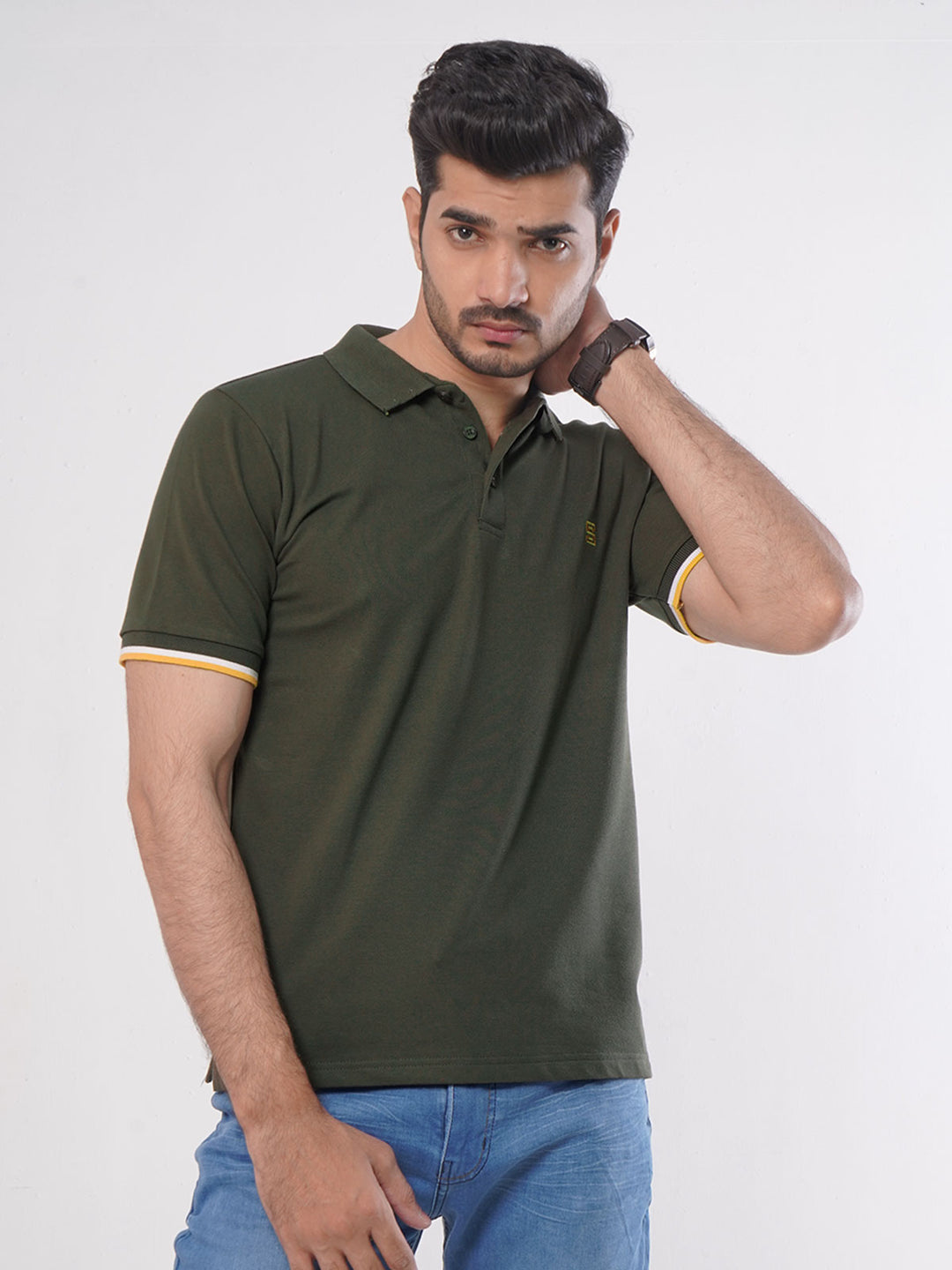 Olive Green Plain Twin Contrast Lycra Elastane Half Sleeves Polo T-Shirt (POLO-461)