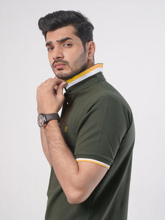 Olive Green Plain Twin Contrast Lycra Elastane Half Sleeves Polo T-Shirt (POLO-461)