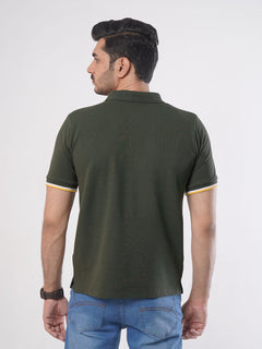 Olive Green Plain Twin Contrast Lycra Elastane Half Sleeves Polo T-Shirt (POLO-461)