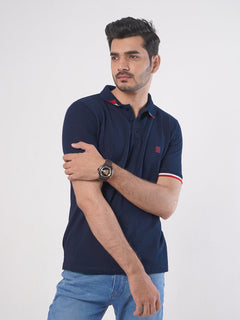 Navy Blue Plain Twin Contrast Lycra Elastane Half Sleeves Polo T-Shirt (POLO-457)