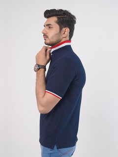 Navy Blue Plain Twin Contrast Lycra Elastane Half Sleeves Polo T-Shirt (POLO-457)