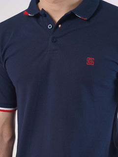 Navy Blue Plain Twin Contrast Lycra Elastane Half Sleeves Polo T-Shirt (POLO-457)