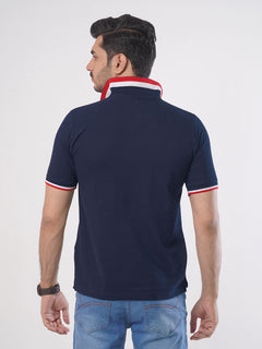 Navy Blue Plain Twin Contrast Lycra Elastane Half Sleeves Polo T-Shirt (POLO-457)