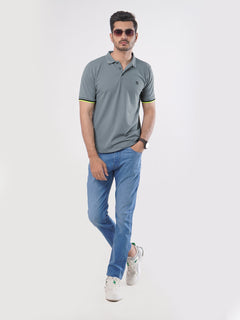 Light Grey Plain Twin Contrast Lycra Elastane Half Sleeves Polo T-Shirt (POLO-463)