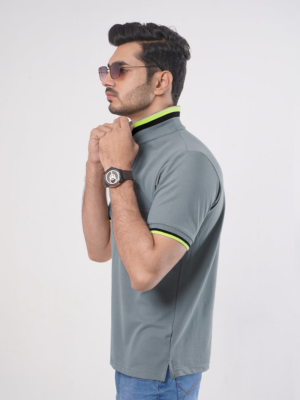 Light Grey Plain Twin Contrast Lycra Elastane Half Sleeves Polo T-Shirt (POLO-463)