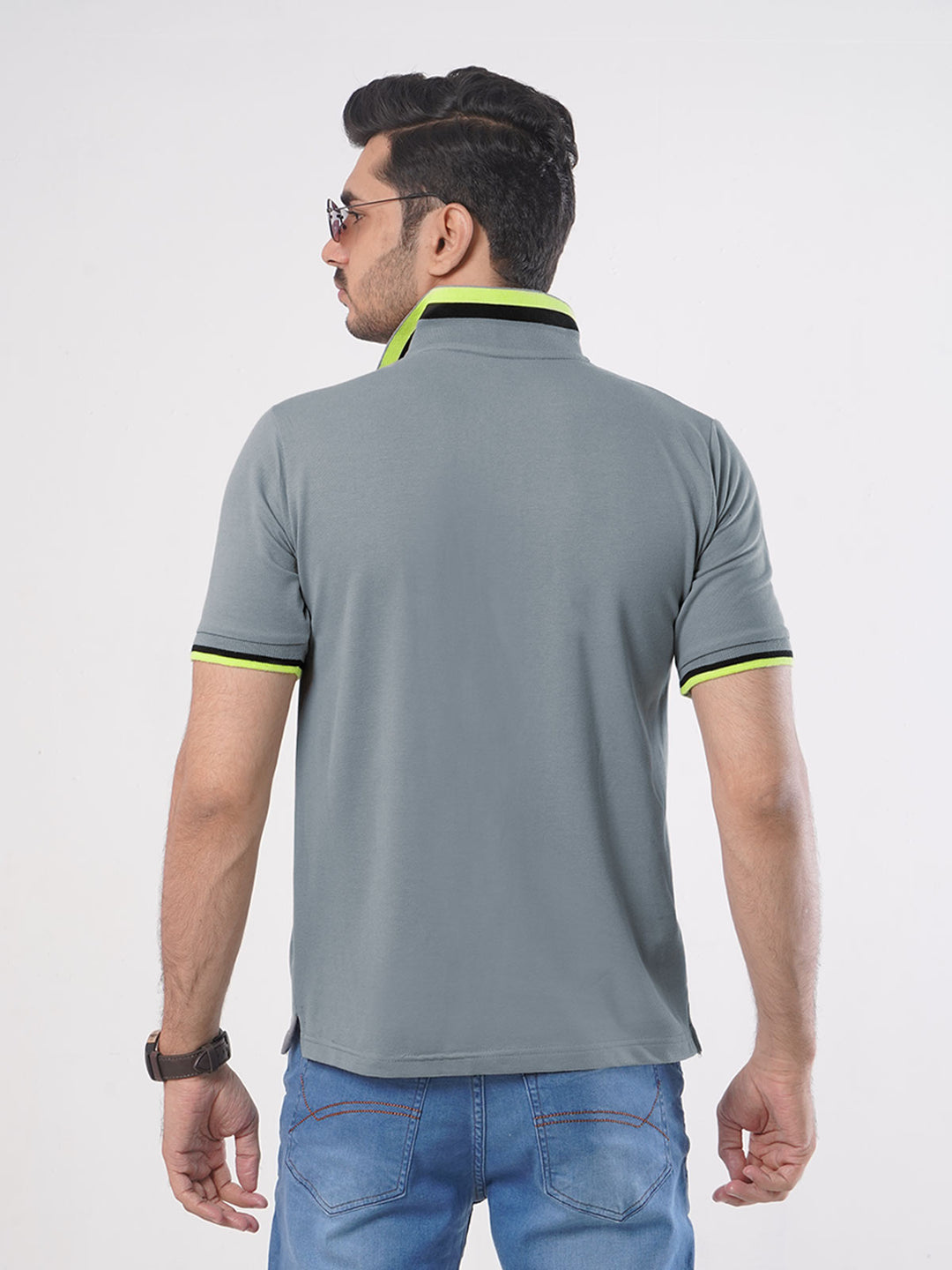 Light Grey Plain Twin Contrast Lycra Elastane Half Sleeves Polo T-Shirt (POLO-463)