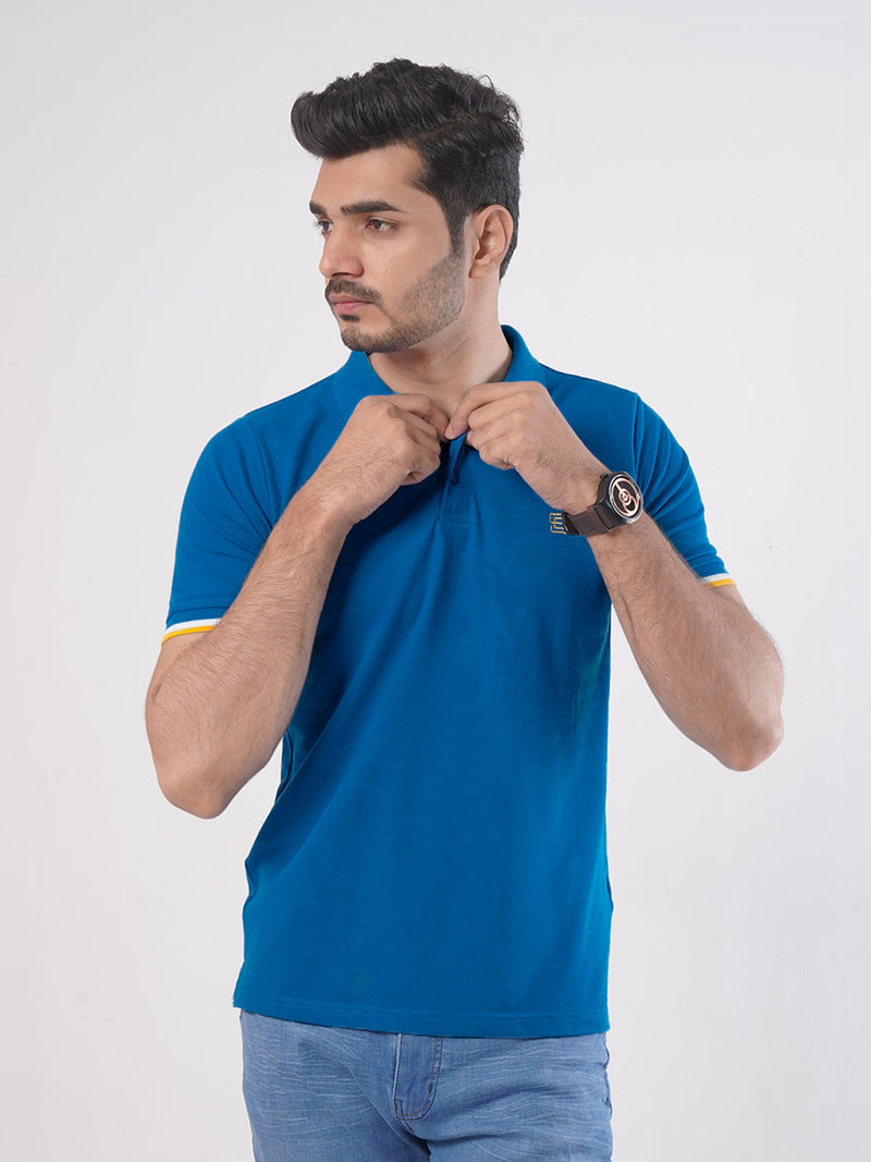 Royal Blue Plain Twin Contrast Lycra Elastane Half Sleeves Polo T-Shirt (POLO-466)