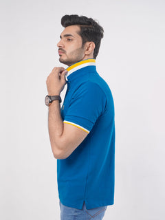 Royal Blue Plain Twin Contrast Lycra Elastane Half Sleeves Polo T-Shirt (POLO-466)