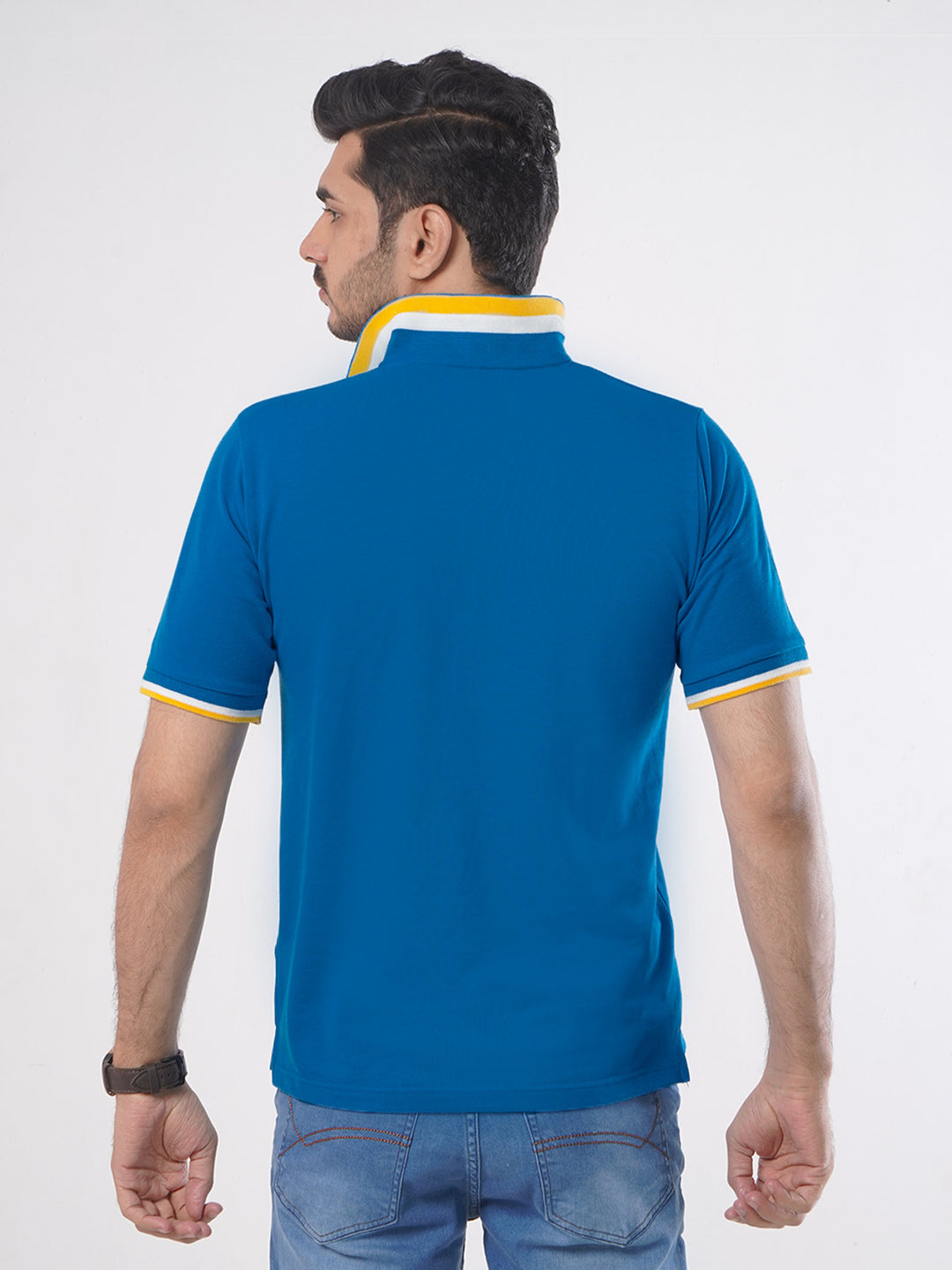 Royal Blue Plain Twin Contrast Lycra Elastane Half Sleeves Polo T-Shirt (POLO-466)