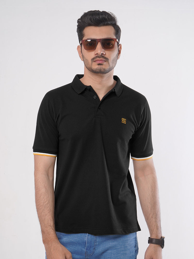 Black Plain Twin Contrast Lycra Elastane Half Sleeves Polo T-Shirt (POLO-467)