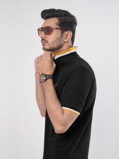 Black Plain Twin Contrast Lycra Elastane Half Sleeves Polo T-Shirt (POLO-467)