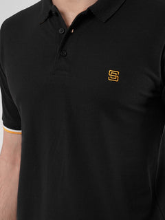 Black Plain Twin Contrast Lycra Elastane Half Sleeves Polo T-Shirt (POLO-467)