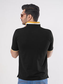 Black Plain Twin Contrast Lycra Elastane Half Sleeves Polo T-Shirt (POLO-467)