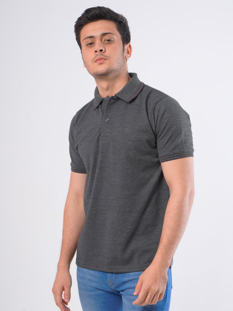 Charcoal Grey Plain Half Sleeves Polo T-Shirt (POLO-472)